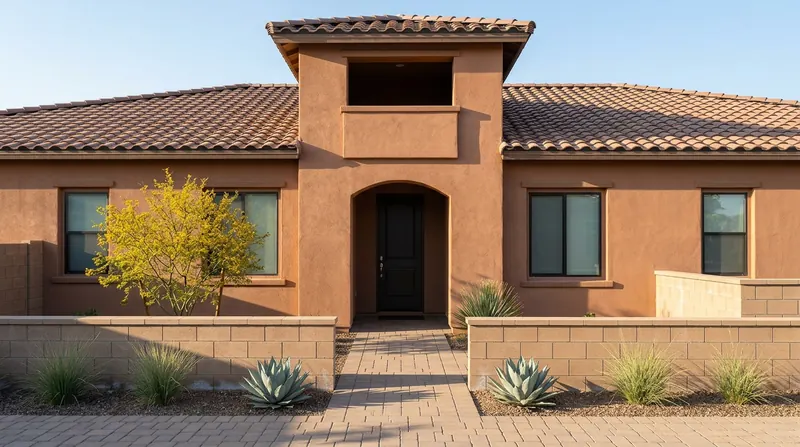 Terracotta stucco home with a recessed arched entry, clay tile roof, golden-blooming tree, and blue-gray agaves.
