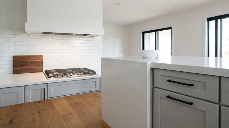 Quartz waterfall island corner beside a cooktop and subway-tile backsplash in a bright kitchen.