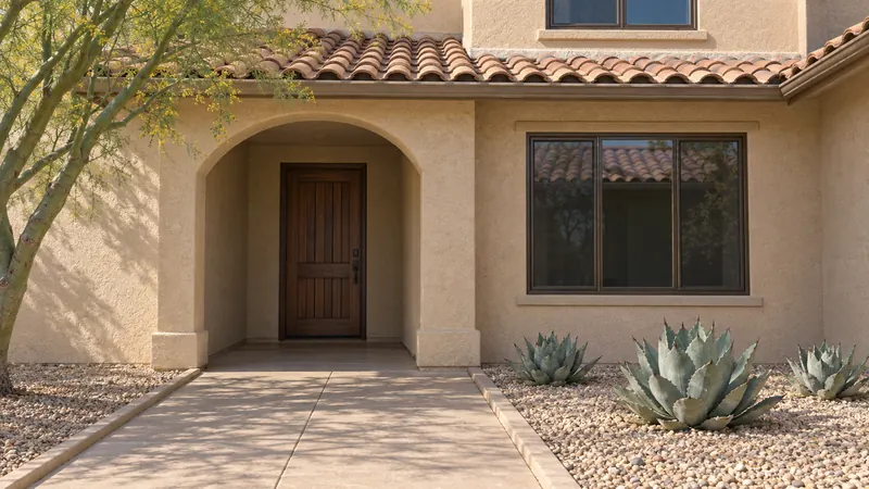 Morning light on a sand-colored stucco home's arched entry, clay tile roof, bronze-framed windows and gravel beds with a palo verde and three agaves.