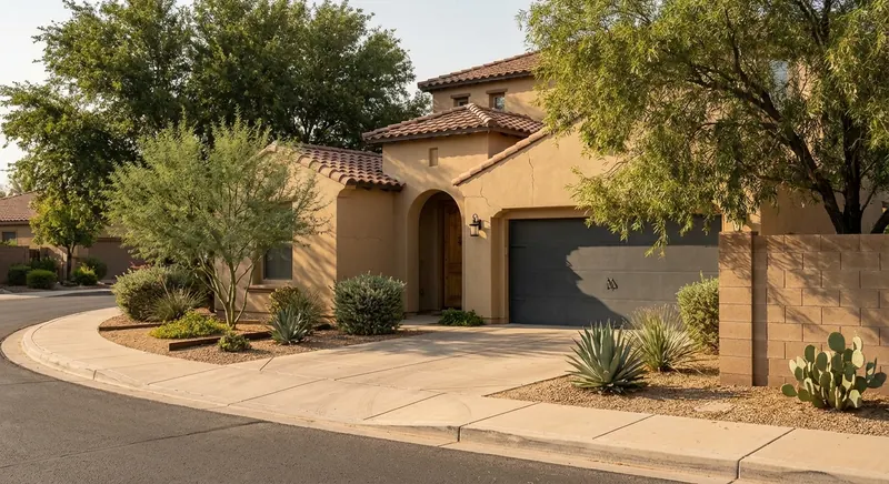 Stucco planned-community home with a tile roof, xeriscaped yard, and curving sidewalk.