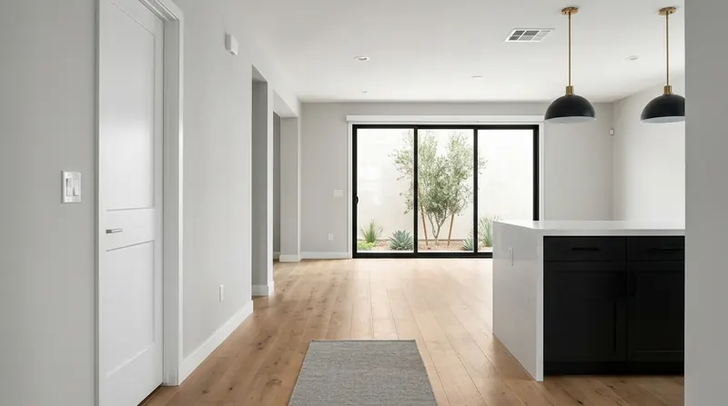 Oak-floored foyer opens to a great room with a gray kitchen island and glass slider overlooking desert plants.