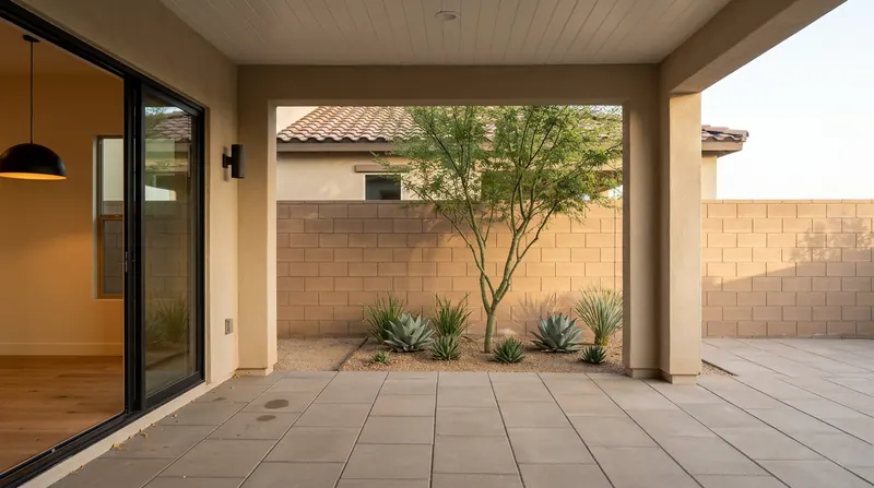 Paver terrace with a multi-trunk palo verde before a tan masonry wall, beside a stucco loggia and glowing slider.