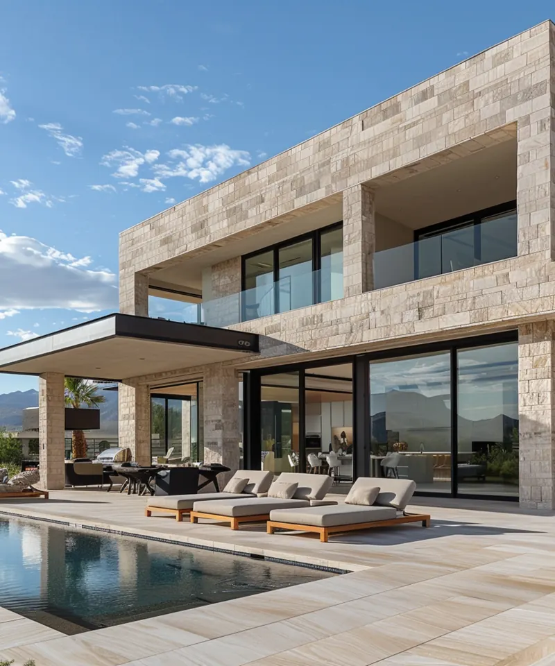 Modern stone home with glass walls and a pool.