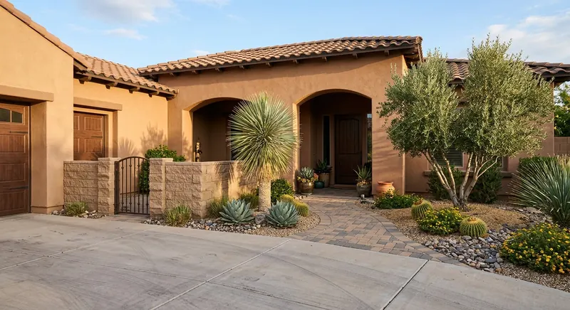 Stucco home with an arched porch, tan courtyard wall, curved paver walk, and drought-tolerant plants.