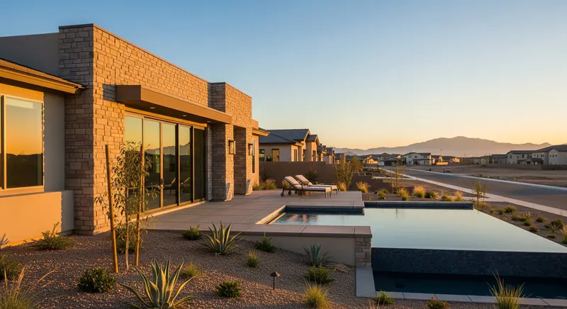 Modern desert home with a stone facade, reflecting windows, and a rectangular pool at sunset.