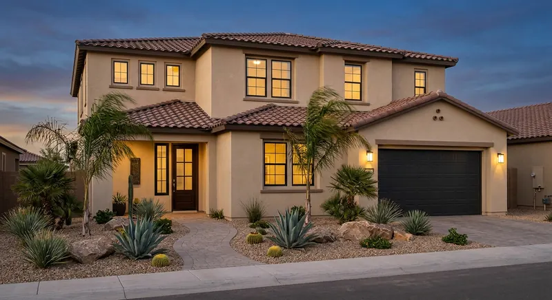Terracotta stucco home with a wood front door, taupe garage, curved paver path, and desert landscaping at twilight.