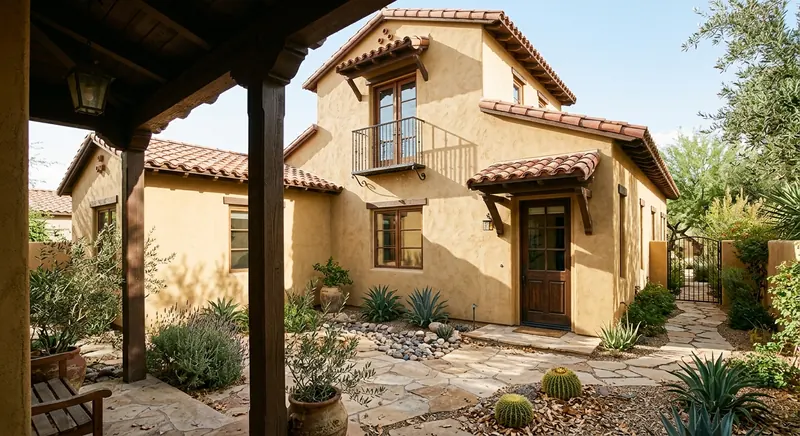 Stucco courtyard with charcoal front door, greige pavers, and desert plants in a curved gravel bed.
