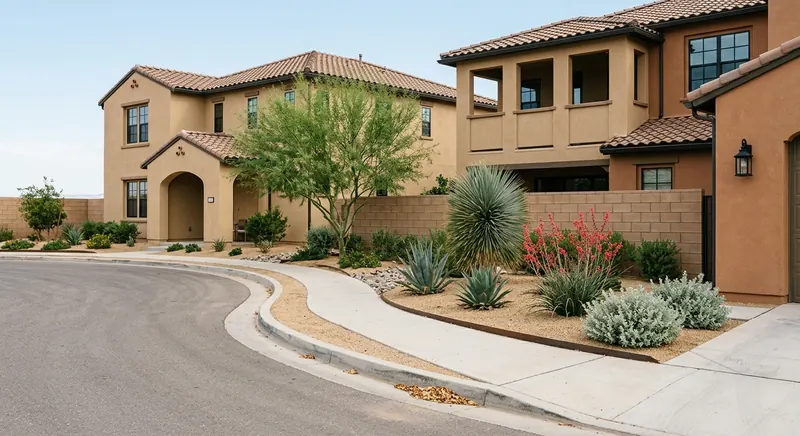 Stucco homes with clay tile roofs rise behind a tan masonry wall and xeriscaped sidewalk.