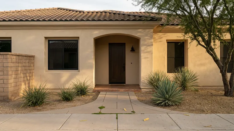 Sand-colored stucco home with an arched entry, clay tile roof, curving paver walkway, and mature shade tree.