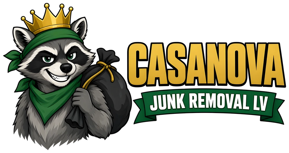 Casanova Junk Removal LV logo: crowned raccoon with a loot sack. We haul. You chill.