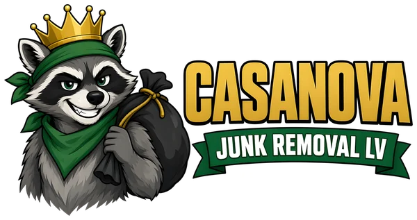 Casanova Junk Removal LV logo: crowned raccoon with a loot sack. We haul. You chill.